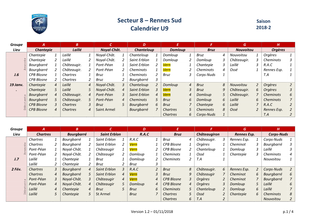 Secteur 8 – Rennes Sud Calendrier U9