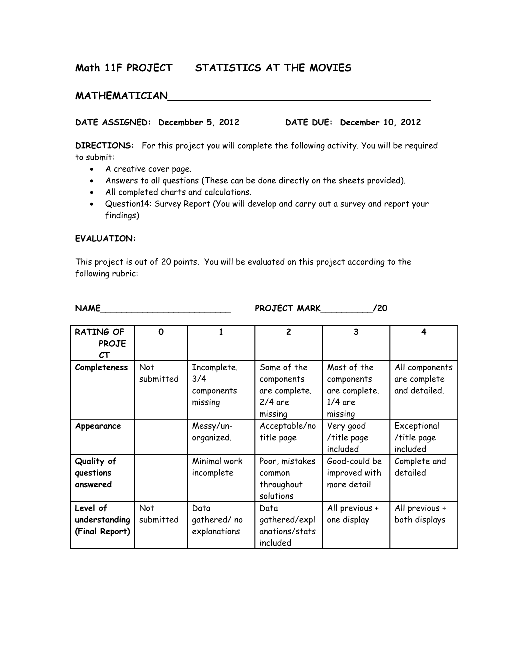 Math 11F PROJECT STATISTICS at the MOVIES