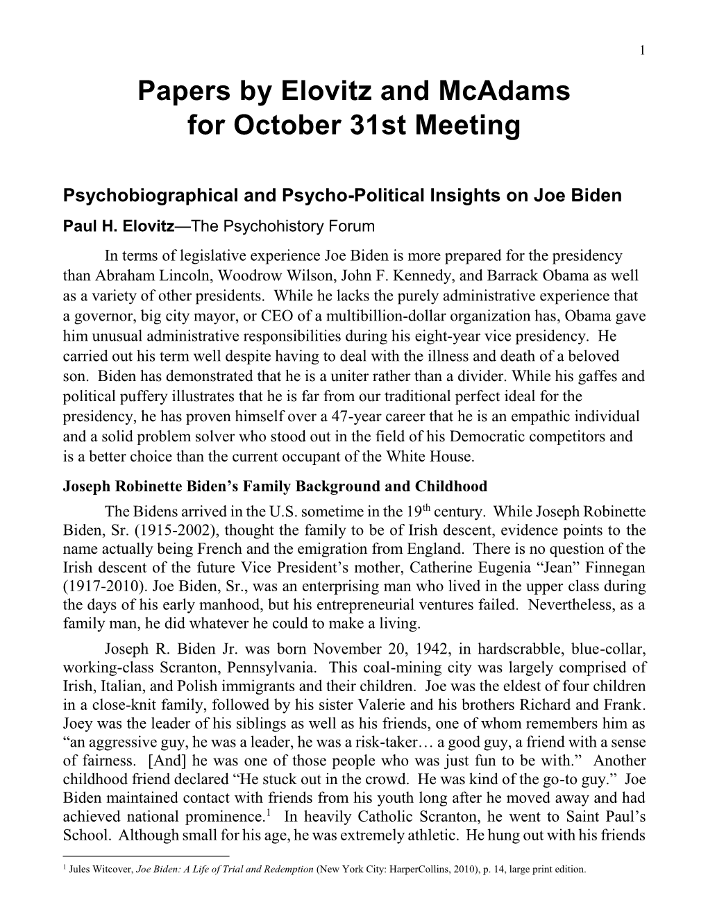 Papers by Elovitz and Mcadams for October 31St Meeting