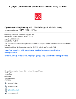 Lloyd George - Lady Julia Henry Correspondence, (NLW MS 21669D.)