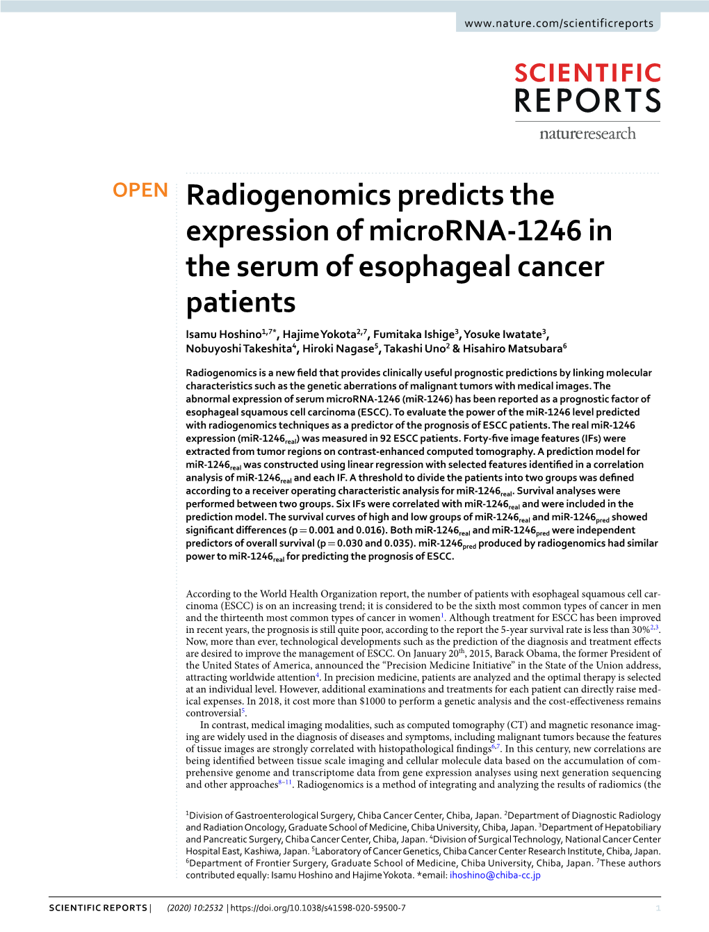 Radiogenomics Predicts the Expression of Microrna-1246 in the Serum of Esophageal Cancer Patients