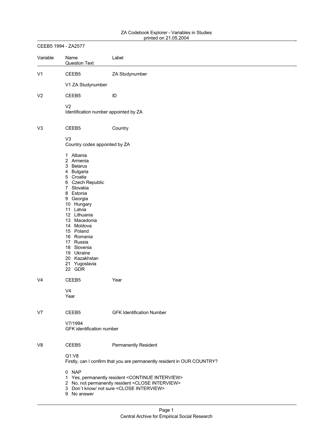 Variables in Studies Printed on 21.05.2004 CEEB5 1994 - ZA2577