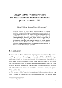 Drought and the French Revolution: the Effects of Adverse Weather Conditions on Peasant Revolts in 1789