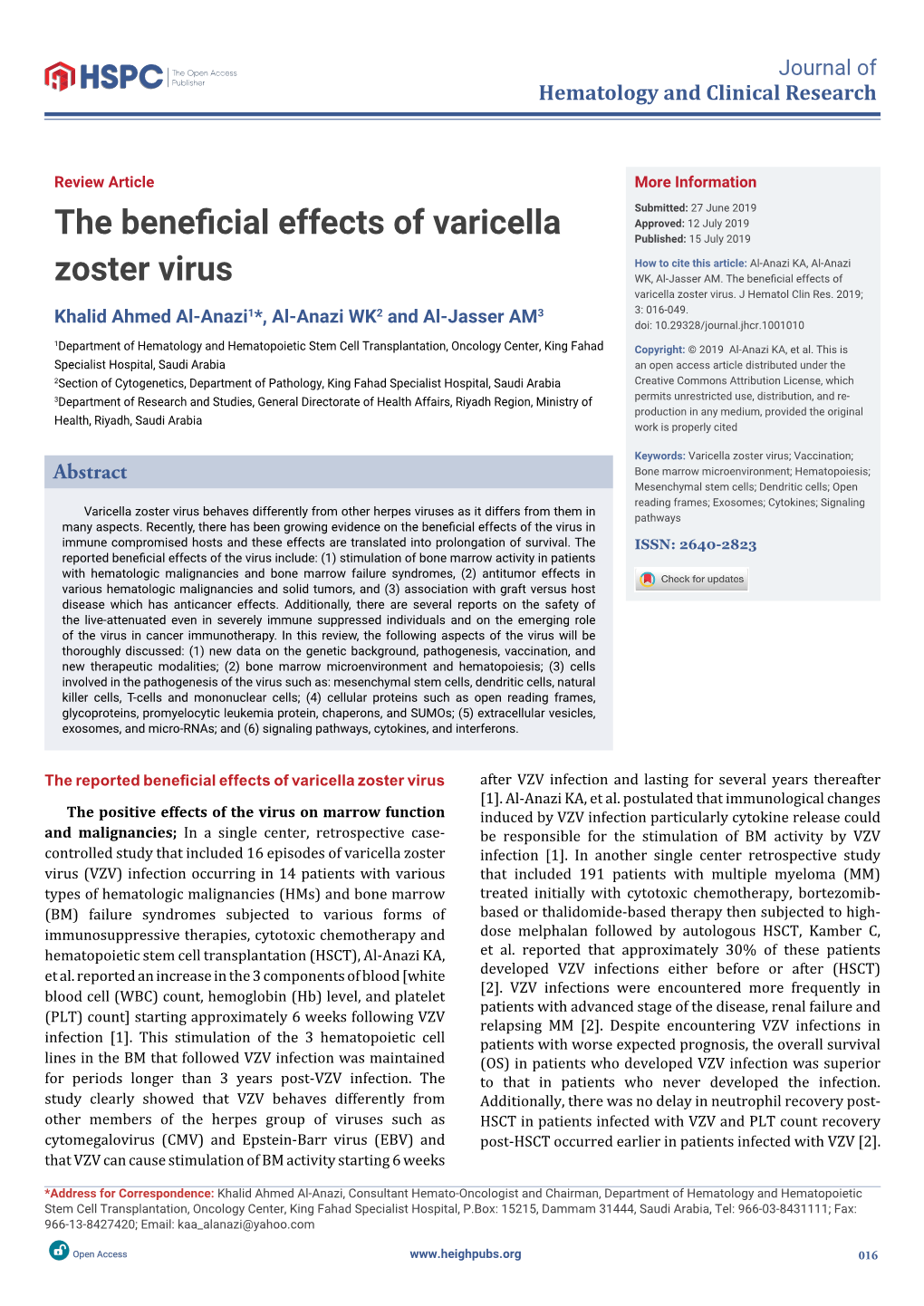 The Beneficial Effects of Varicella Zoster Virus