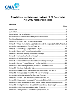 Provisional Decisions on Reviews of 27 EA02 Merger Remedies