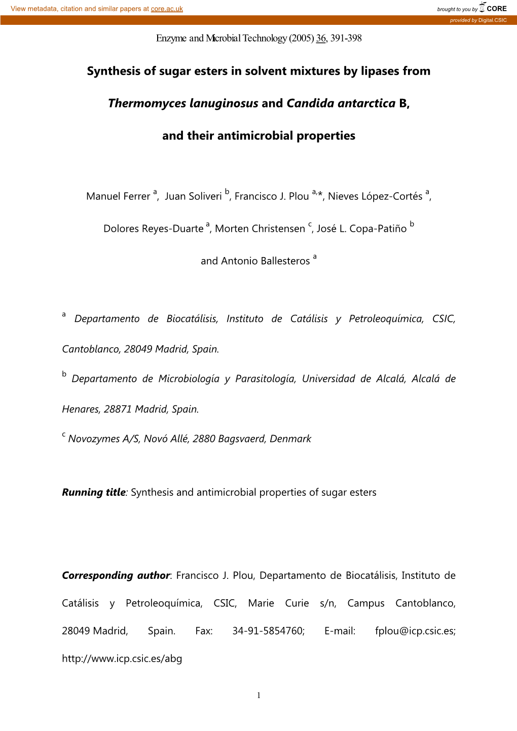 Synthesis of Sugar Esters in Solvent Mixtures by Lipases From