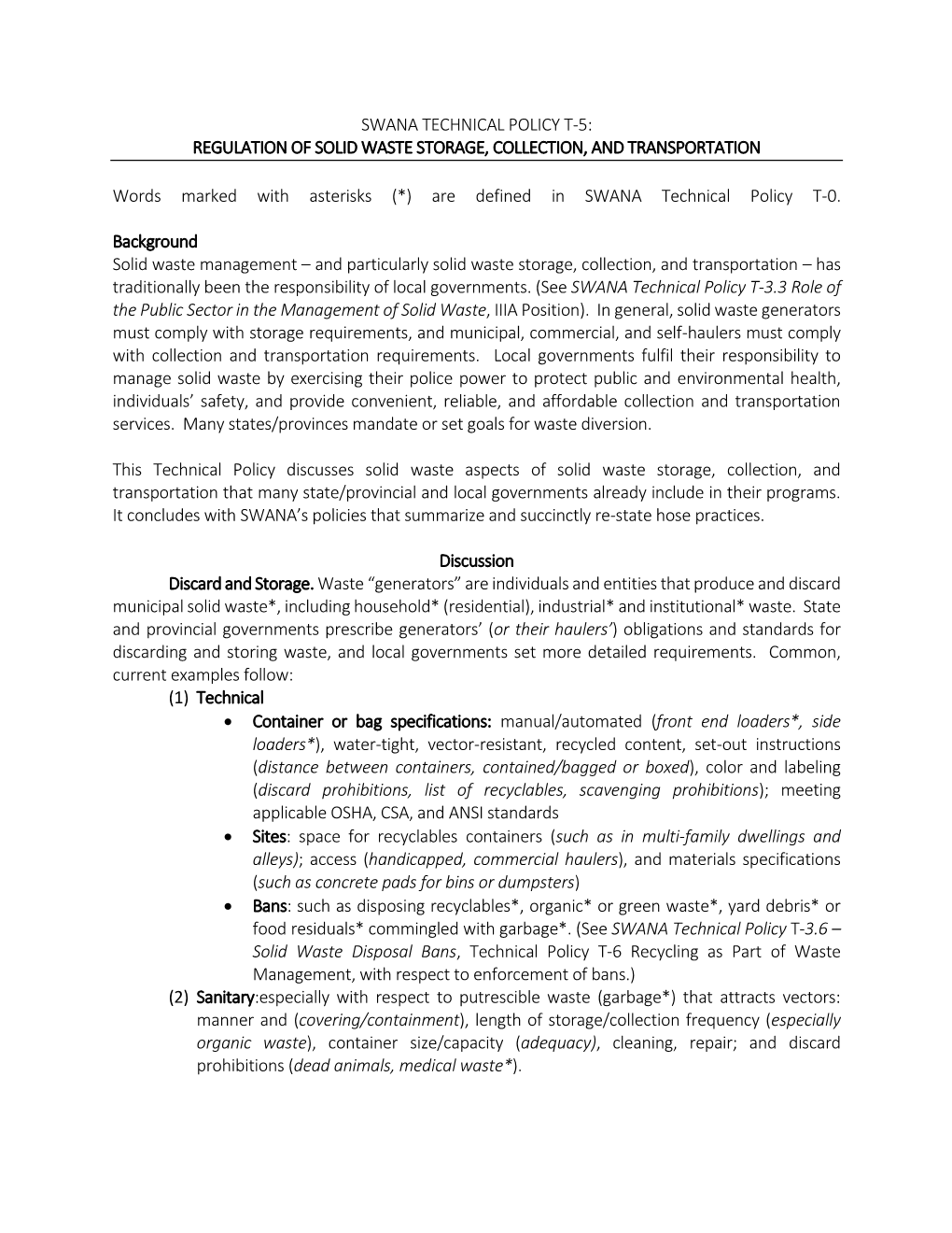 T-5: Regulation of Solid Waste Storage, Collection, and Transportation