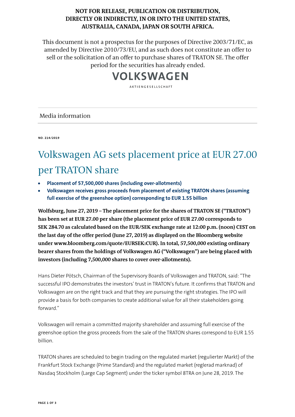 VOLKSWAGEN AG Placement Price