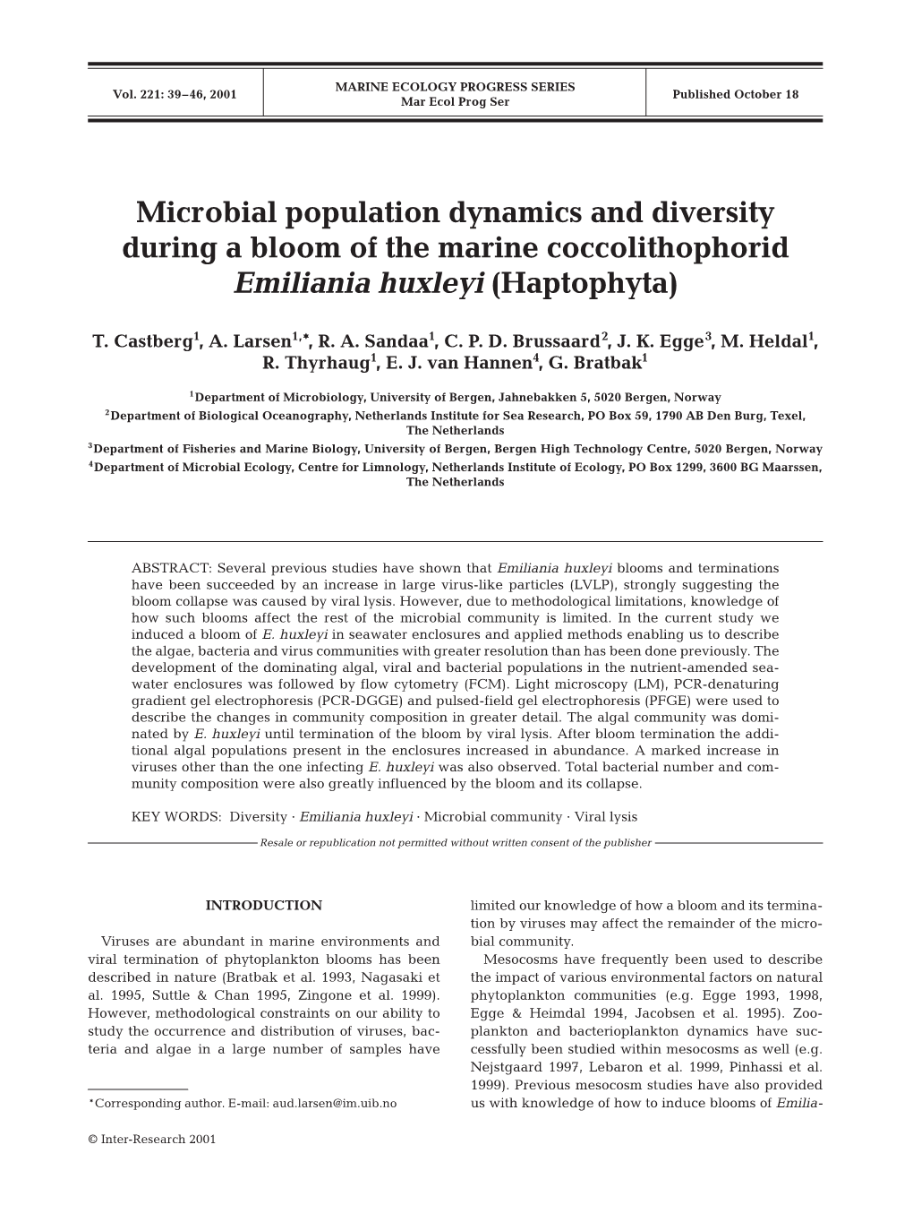 Microbial Population Dynamics and Diversity During a Bloom of the Marine Coccolithophorid Emiliania Huxleyi (Haptophyta)