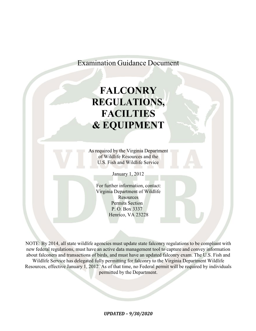 Falconry Regulations, Facilities, and Equipment