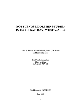 Bottlenose Dolphin Studies in Cardigan Bay, West Wales