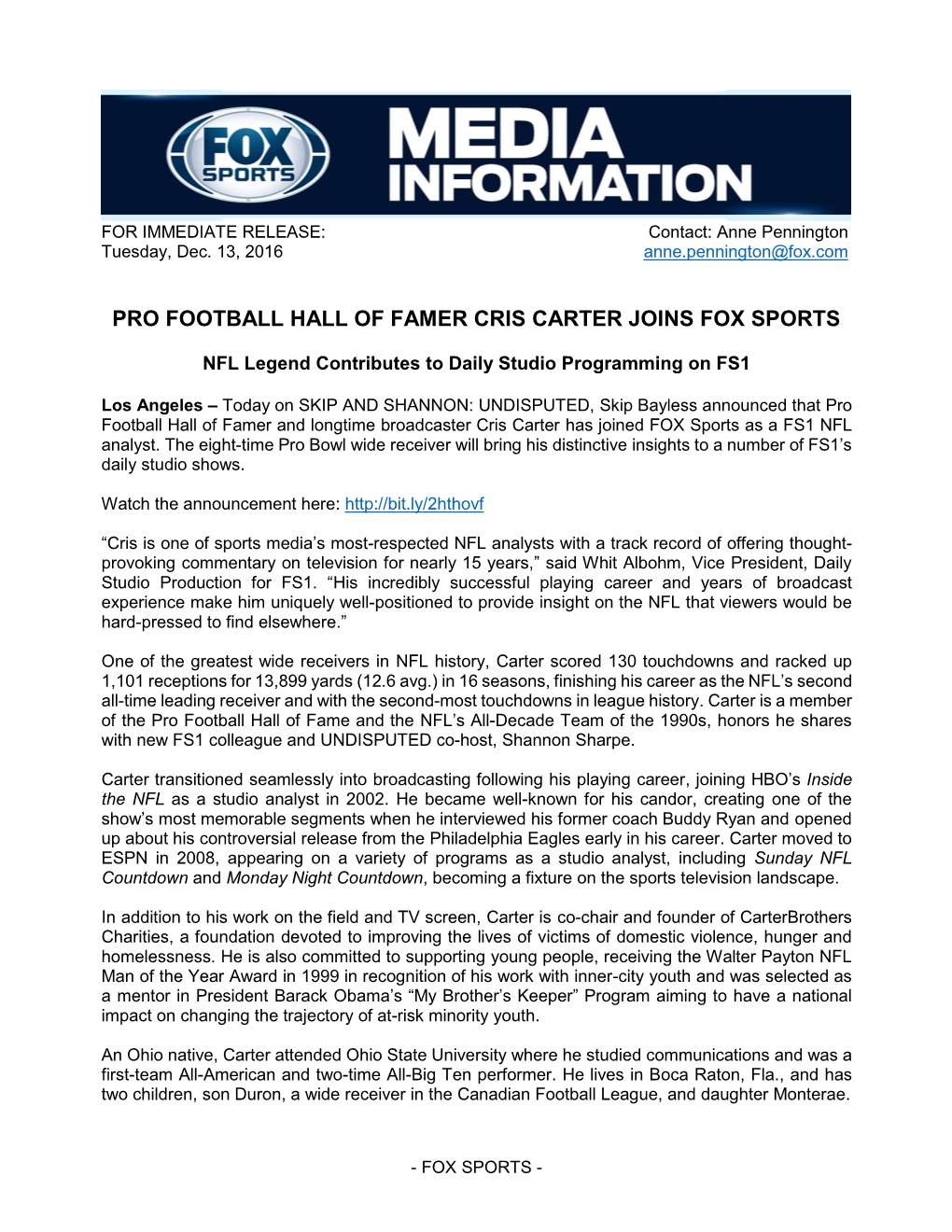 Pro Football Hall of Famer Cris Carter Joins Fox Sports