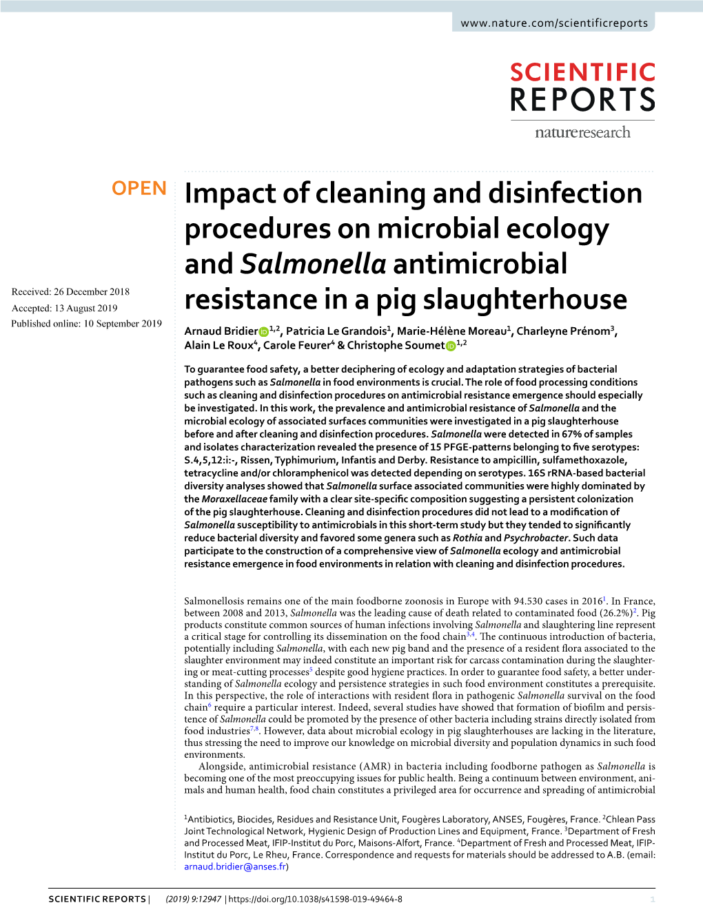 Impact of Cleaning and Disinfection Procedures on Microbial Ecology and Salmonella Antimicrobial Resistance in a Pig Slaughterho