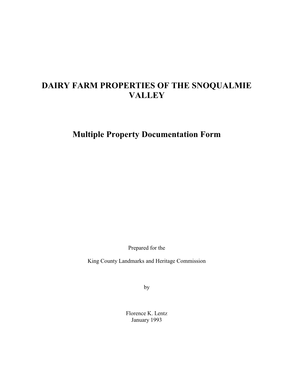 DAIRY FARM PROPERTIES of the SNOQUALMIE VALLEY Multiple Property Documentation Form