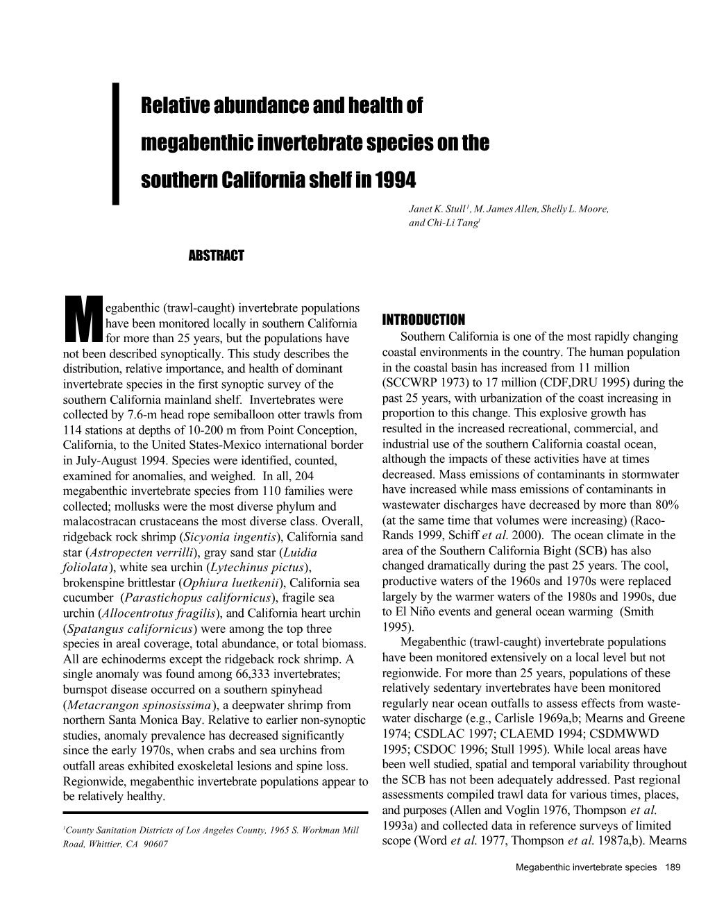 Relative Abundance and Health of Megabenthic Invertebrate Species on the Southern California Shelf in 1994