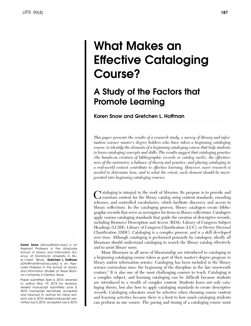 What Makes an Effective Cataloging Course? a Study of the Factors That Promote Learning