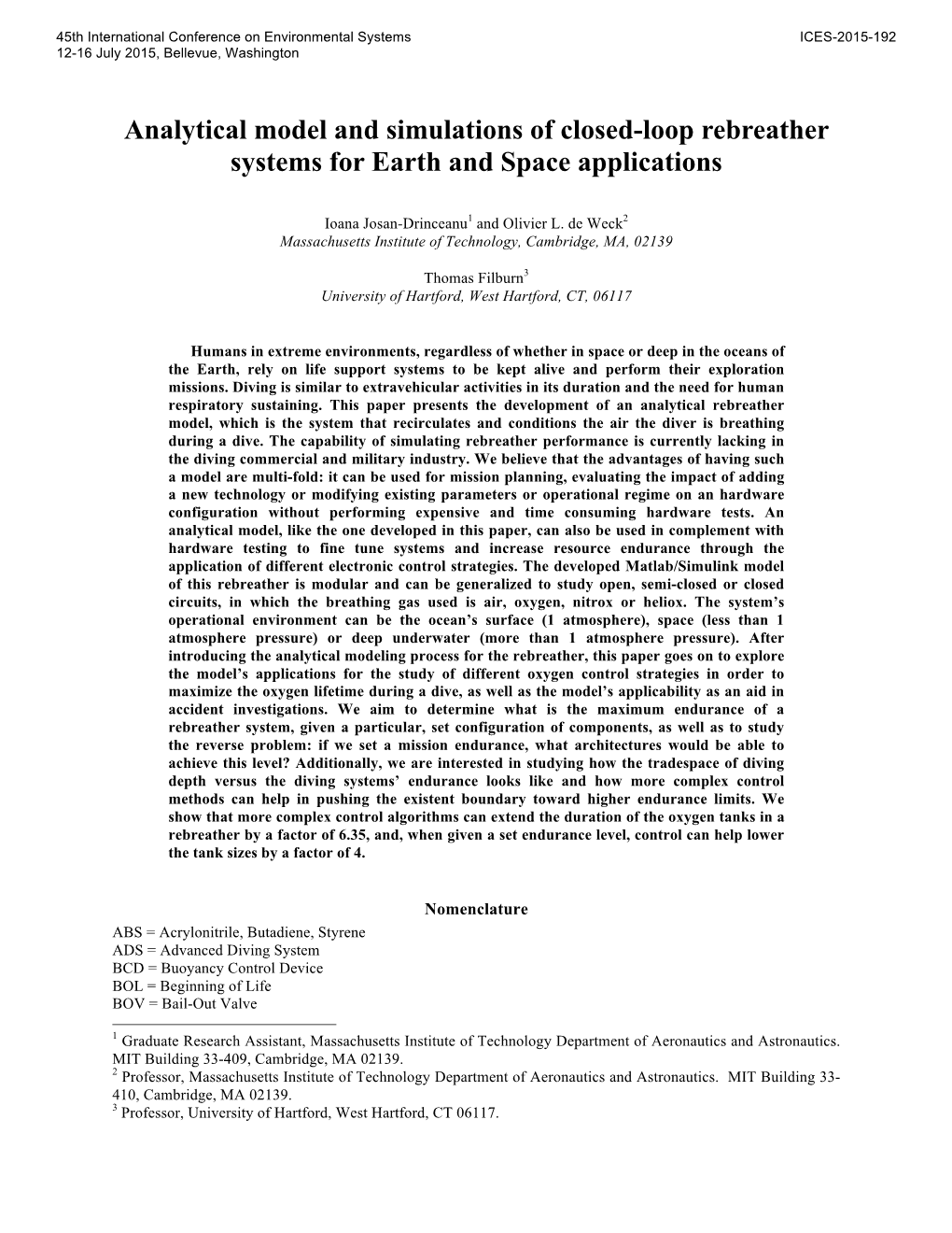 Analytical Model and Simulations of Closed-Loop Rebreather Systems for Earth and Space Applications
