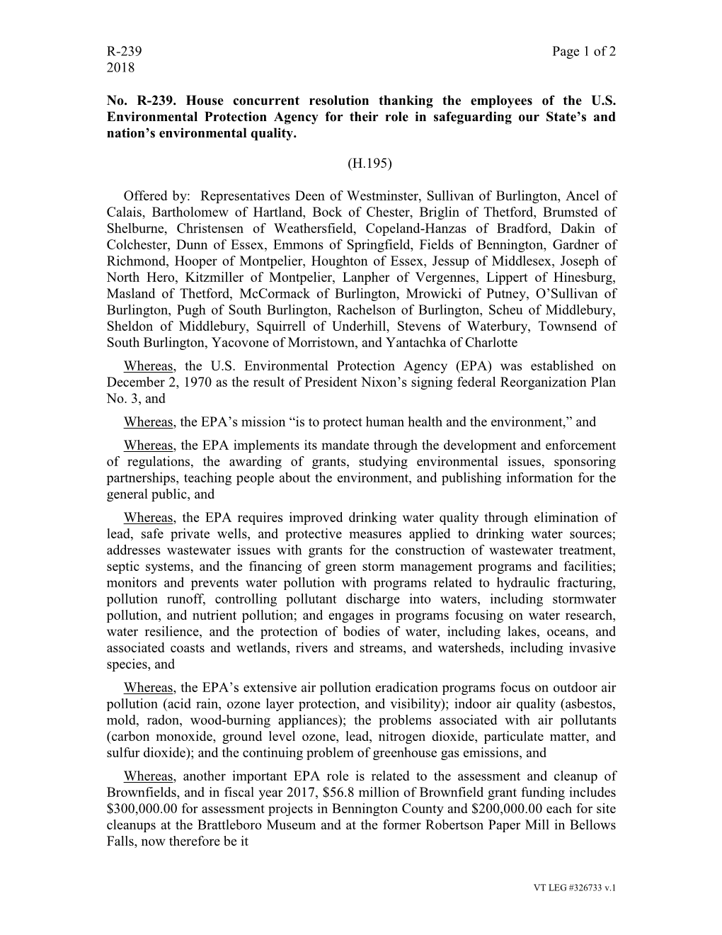R-239 Page 1 of 2 2018 No. R-239. House Concurrent Resolution Thanking the Employees of the U.S. Environmental Protection Agency
