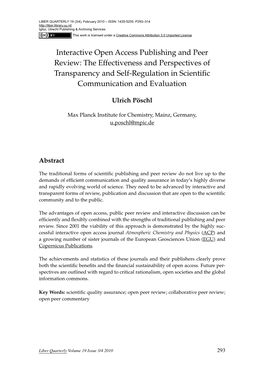 Interactive Open Access Publishing and Peer Review: the Effectiveness and Perspectives of Transparency and Self-Regulation in Scientific Communication and Evaluation
