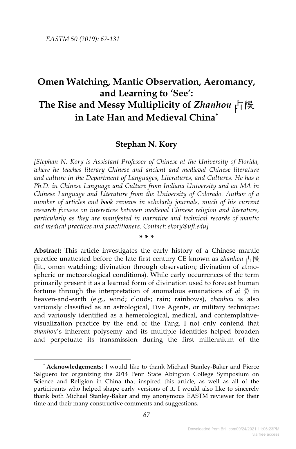 Omen Watching, Mantic Observation, Aeromancy, and Learning to 'See': the Rise and Messy Multiplicity of Zhanhou 占候 in L