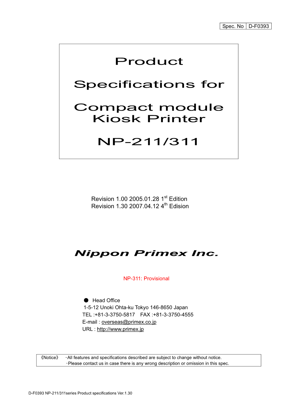 Product Specifications for Compact Module Kiosk Printer NP-211/311