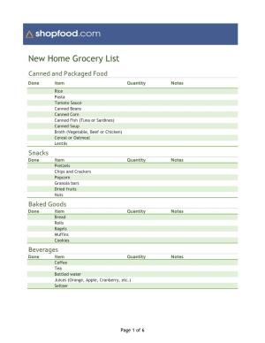 New Home Grocery List