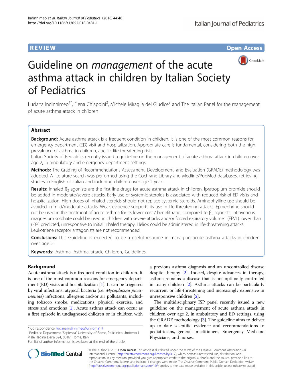 Guideline on Management of the Acute Asthma Attack in Children by Italian Society of Pediatrics