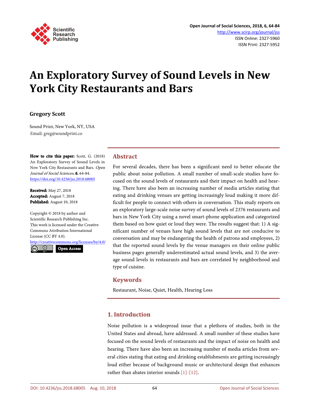 An Exploratory Survey of Sound Levels in New York City Restaurants and Bars