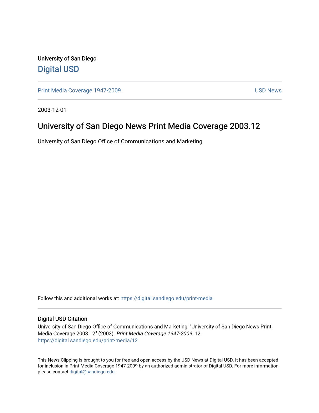 University of San Diego News Print Media Coverage 2003.12
