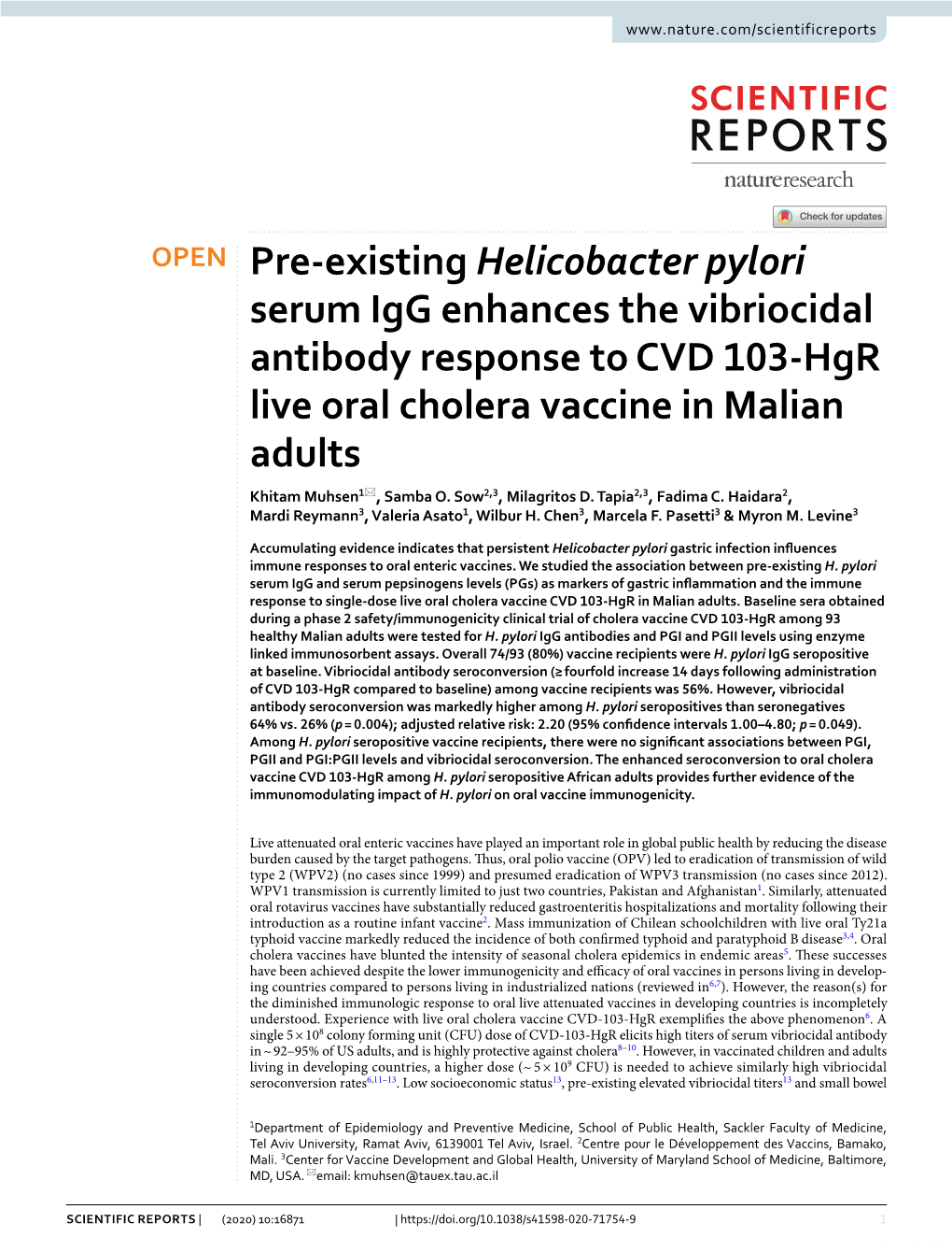 Pre-Existing Helicobacter Pylori Serum Igg Enhances the Vibriocidal