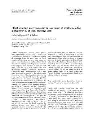 Floral Structure and Systematics in Four Orders of Rosids, Including a Broad Survey of ﬂoral Mucilage Cells