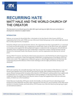 Recurring Hate Matt Hale and the World Church of the Creator
