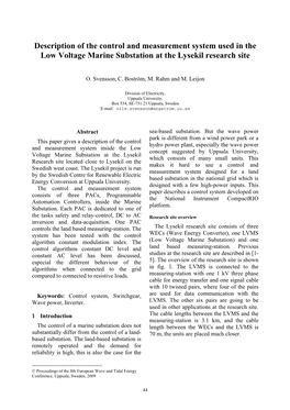 Description of the Control and Measurement System Used in the Low Voltage Marine Substation at the Lysekil Research Site