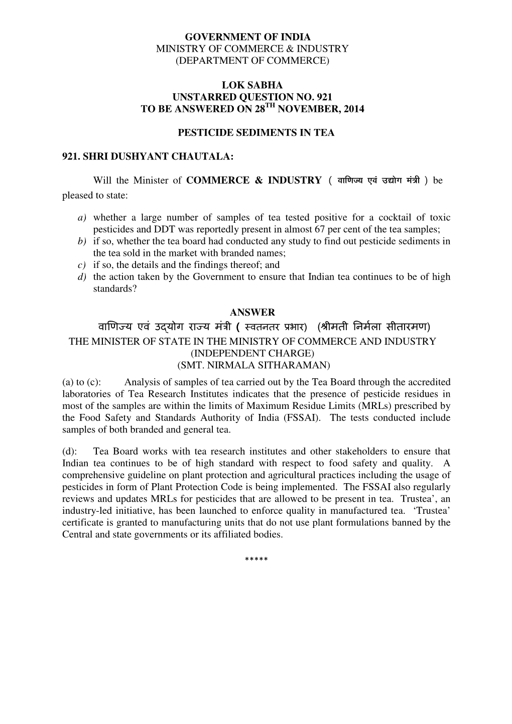 Lok Sabha Unstarred Question No. 921 to Be Answered on 28 Th November, 2014