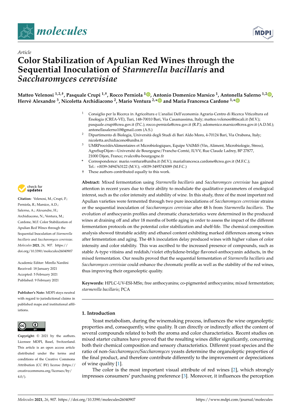 Color Stabilization of Apulian Red Wines Through the Sequential Inoculation of Starmerella Bacillaris and Saccharomyces Cerevisiae