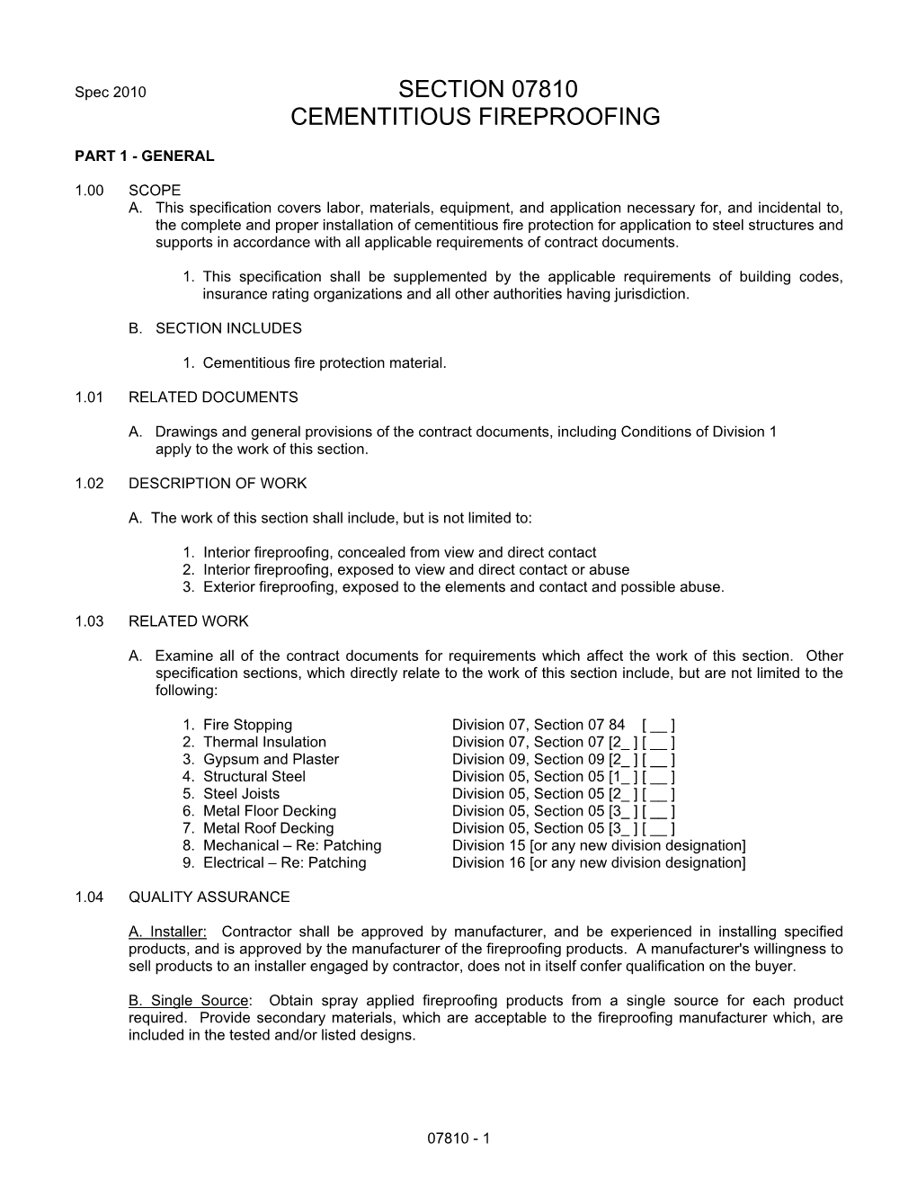 Section 07810 Cementitious Fireproofing