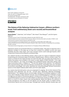 The History of the Nahariya Submarine Canyon, Offshore Northern Israel, from Sedimentary Down Core Records and Foraminiferal Analyses