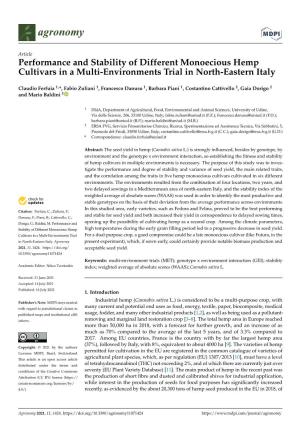Performance and Stability of Different Monoecious Hemp Cultivars in a Multi-Environments Trial in North-Eastern Italy