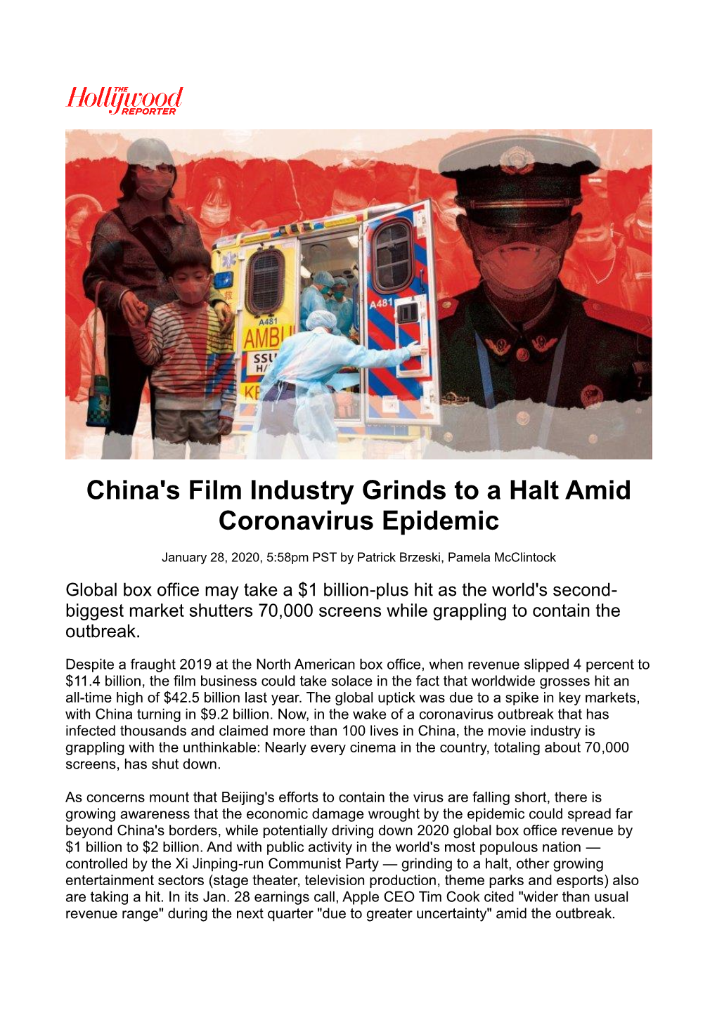 China's Film Industry Grinds to a Halt Amid Coronavirus Epidemic