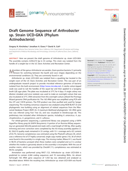 Draft Genome Sequence of Arthrobacter Sp. Strain UCD-GKA (Phylum Actinobacteria)