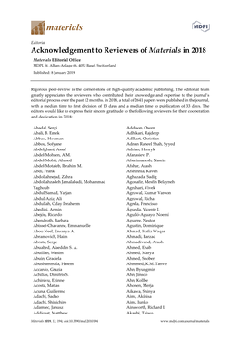 Acknowledgement to Reviewers of Materials in 2018 Materials Editorial Office MDPI, St