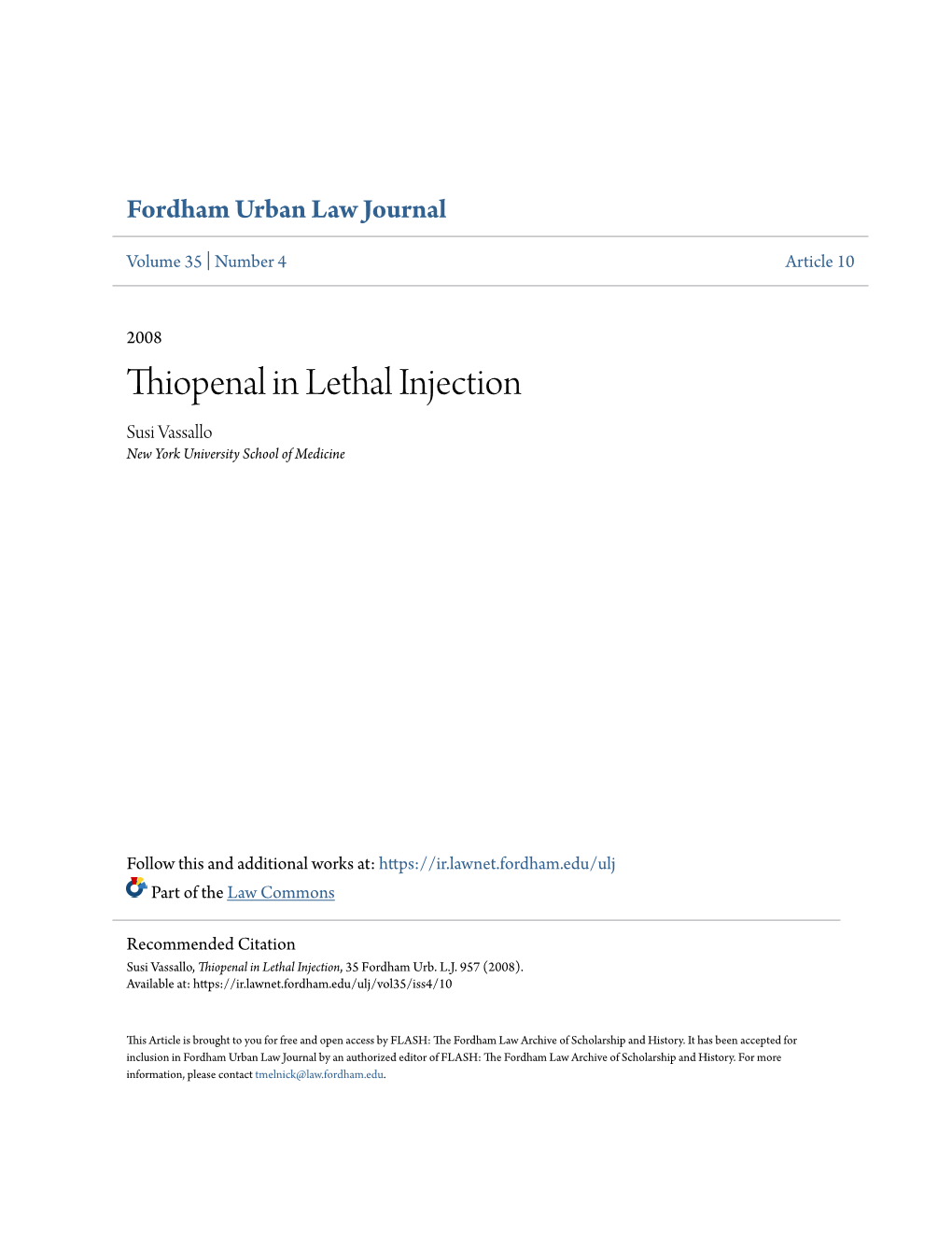 Thiopenal in Lethal Injection Susi Vassallo New York University School of Medicine