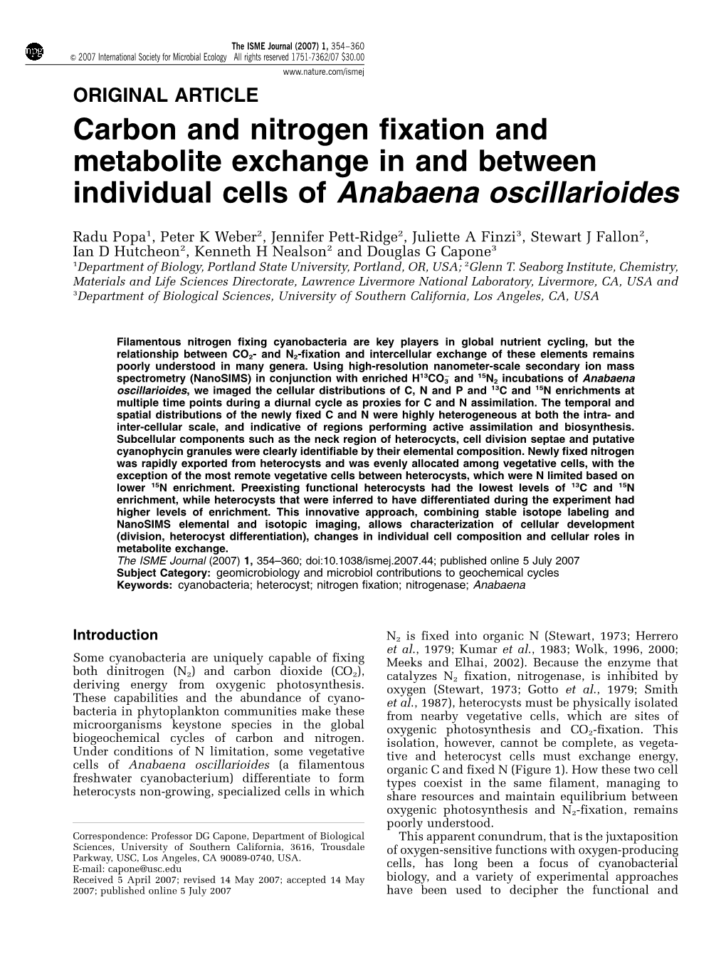 Carbon and Nitrogen Fixation and Metabolite Exchange in and Between Individual Cells of Anabaena Oscillarioides