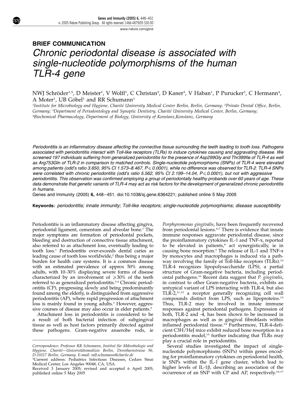 Chronic Periodontal Disease Is Associated with Single-Nucleotide Polymorphisms of the Human TLR-4 Gene