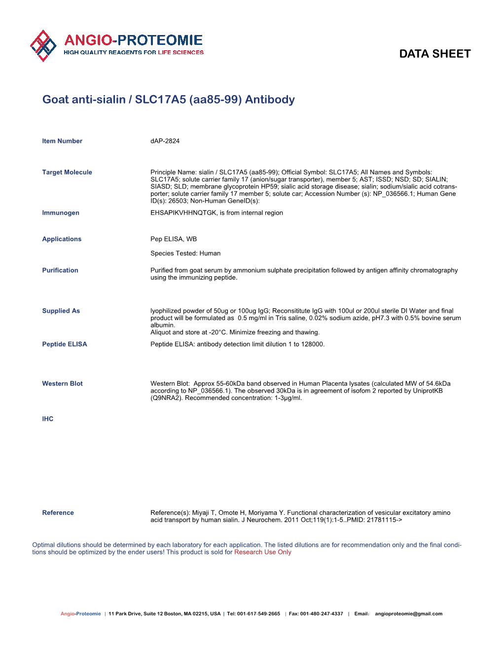 Dap-2824 Goat Anti-Sialin Or SLC17A5 (Aa85-99) Antibody-PDF.Pdf