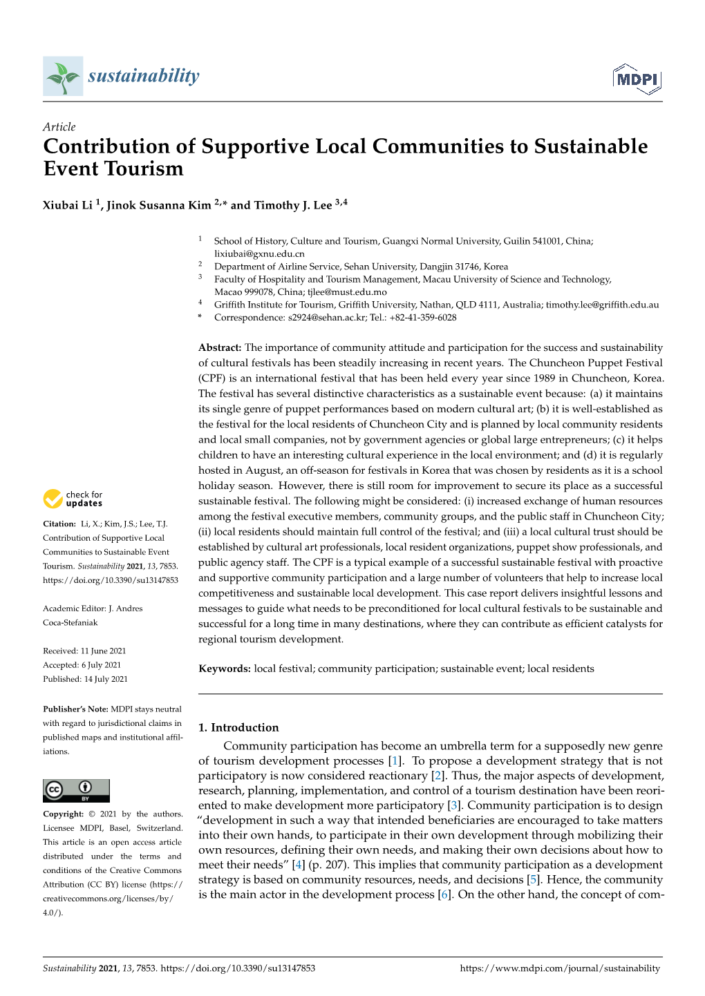 Contribution of Supportive Local Communities to Sustainable Event Tourism