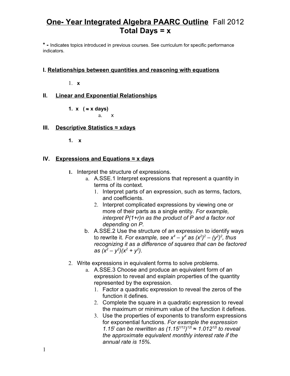 One- Year Integrated Algebra PAARC Outline Fall 2012