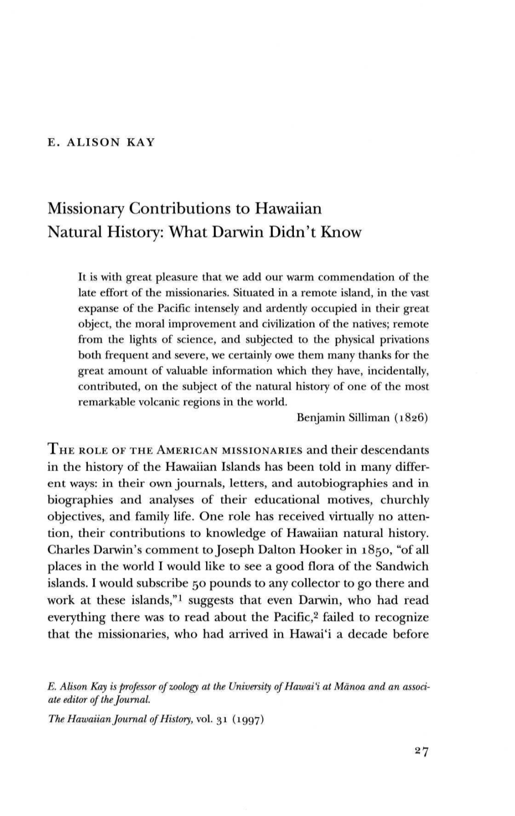 Missionary Contributions to Hawaiian Natural History: What Darwin Didn't Know