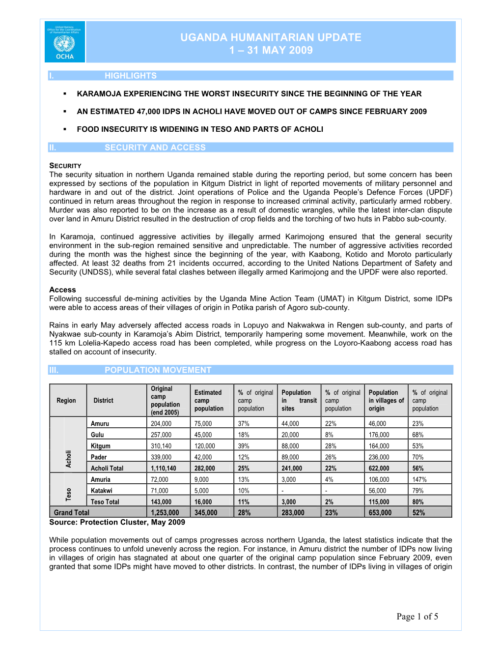 Uganda Humanitarian Update 1 – 31 May 2009