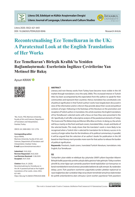 Recontextualising Ece Temelkuran in the UK: a Paratextual Look at the English Translations of Her Works